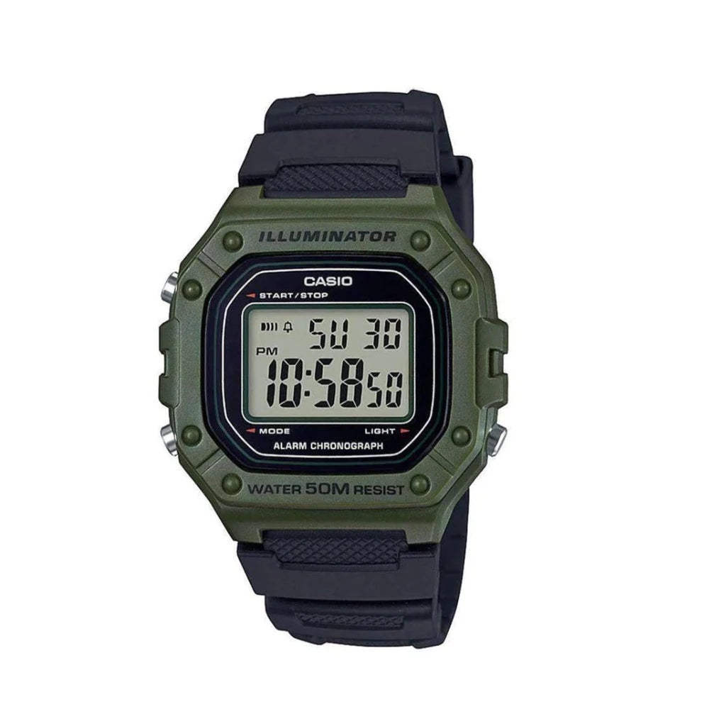Casio W Resin Square Digital Watch for Men - Black and Green