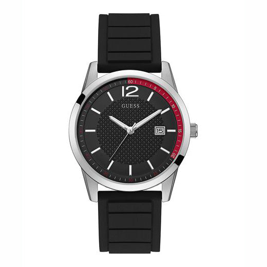 GUESS SILVER TONE CASE BLACK SILICONE WATCH