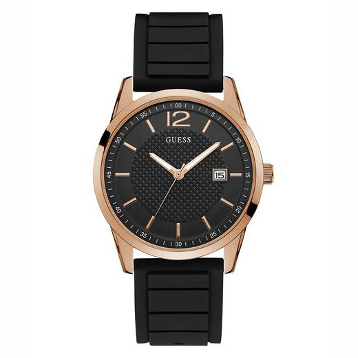 GUESS ROSE GOLD TONE CASE BLACK SILICONE WATCH