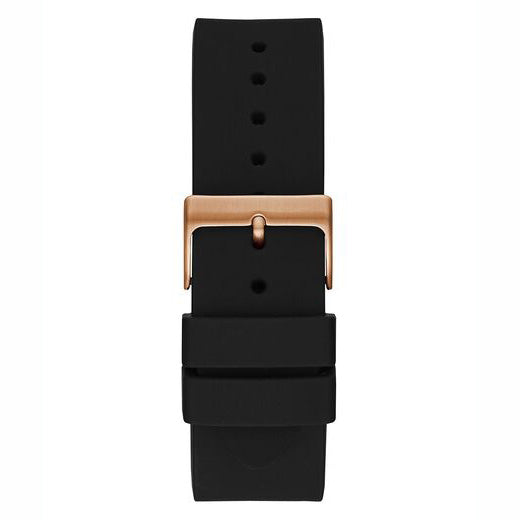 GUESS ROSE GOLD TONE CASE BLACK SILICONE WATCH
