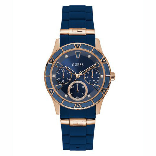 GUESS ROSE GOLD TONE CASE BLUE SILICONE WATCH